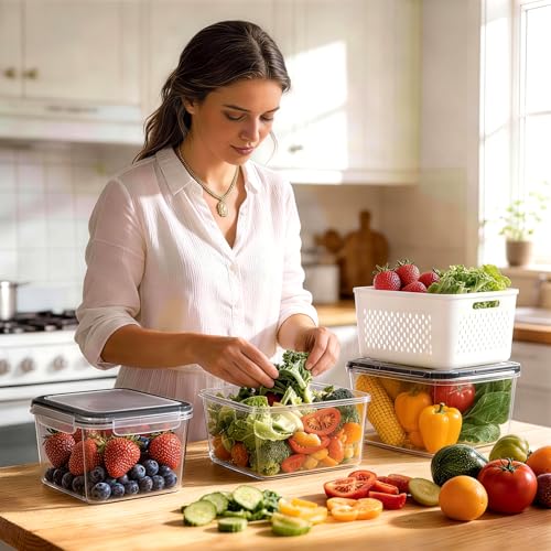 8 Pack Fruit Storage Containers for Fridge, Produce Containers for Fridge with Colander, Leakproof Fridge Organizers and Storage for Berry Vegetable Salad Lettuce Meat Food - view 5
