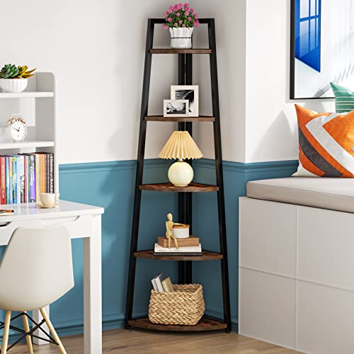 5 Tier Corner Bookshelf and Bookcase, 70 inch Tall Corner Shelves Standing Shelving Unit Indoor Plant Stand for Living Room, Kitchen, Home Office (Brown) - view 3