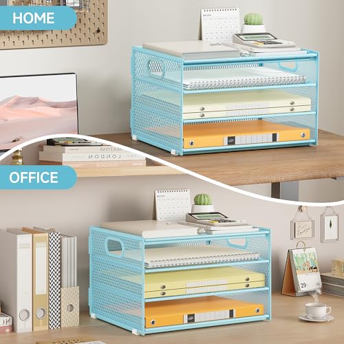 4 Tier Paper Organizer with Handle,Letter Tray Blue Desk Organizer Set - view 4
