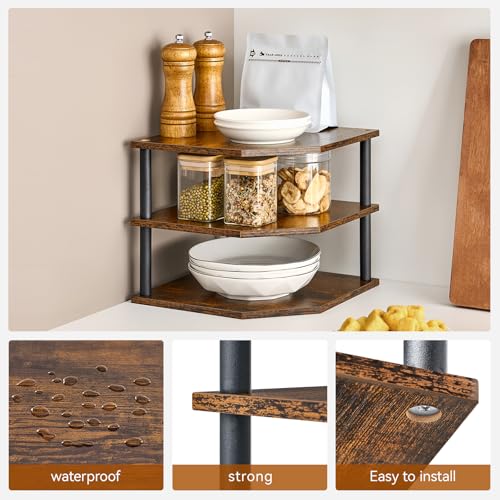 Wooden 3 Tier Corner Shelf, Countertop Storage Organizer for Kitchen Cabinets and Desk, Plates, Dishes, Bread and Small Space Decor, Adjustable - view 7