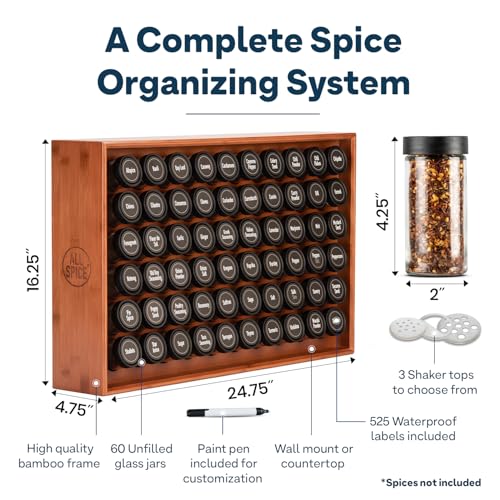 Spice Rack Organizer, Wood, 525 Unique Labels, Countertop or Wall Mount, Includes 60 4oz Jars- Cherry Stain - view 3