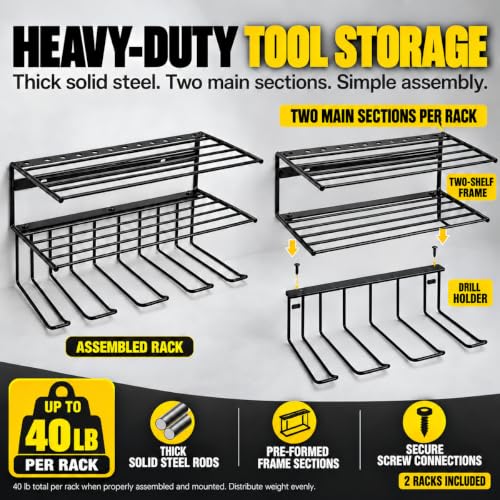 Power Tool Organizer for Tool Storage,Drill Holer Wall Mount,Storage Rack for Garage Organization, Wall Organizer with Shelf,Heavy Duty for Lifetime Use(2 Pack Black) - view 3