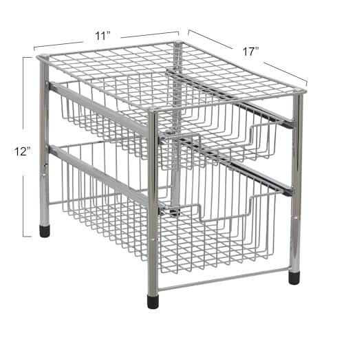 Free Standing Two Basket Sliding Cabinet Organizer with Metal Frame, Silver Finish - view 3