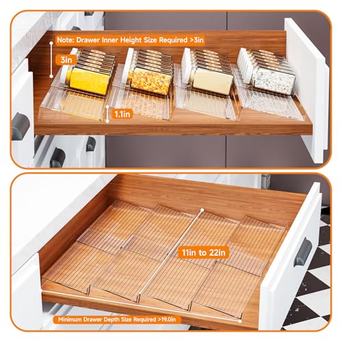 8 Pack Adjustable In Drawer Spice Organizer - Expandable From 11'' to 22'' - Acrylic Drawer Seasoning Organizer,Clear Spice Organization Tray for Cabinet Drawers Condiment,Nail Polish and Jar - view 6