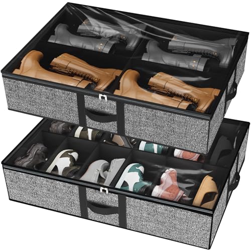 Under the Bed Shoe Organizer Fits 12 Pairs and 4 Pairs Boots,Sturdy & Breathable Materials,Underbed Storage Solution for Kids Men & Women Shoes,Great Space Saver for Your Closet Set of 2