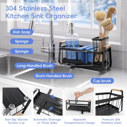 Sponge Holder for Kitchen Sink Organizer Caddy with Dish Brush Holder, 304 Stainless Steel Self-Draining & Rustproof Sink Caddy for Sponge & Soap Dispenser & Scrubber Kitchen Accessories - view 2