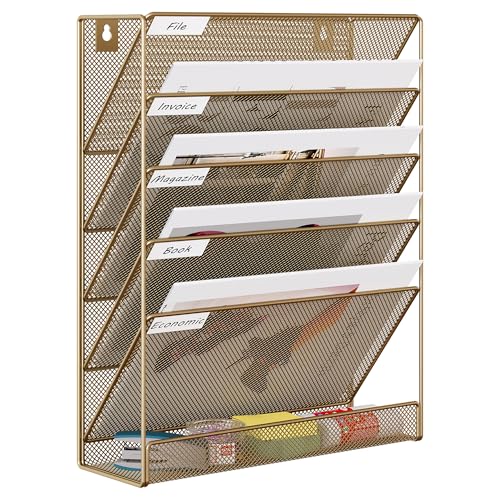 5 Tier Wall File Holder, Mesh Hanging Folder Organizer with Classify Label, Versatile Desk File Holder, Vertical Wall Mounted Mail Organizer for Office Home Cubicle, Gold
