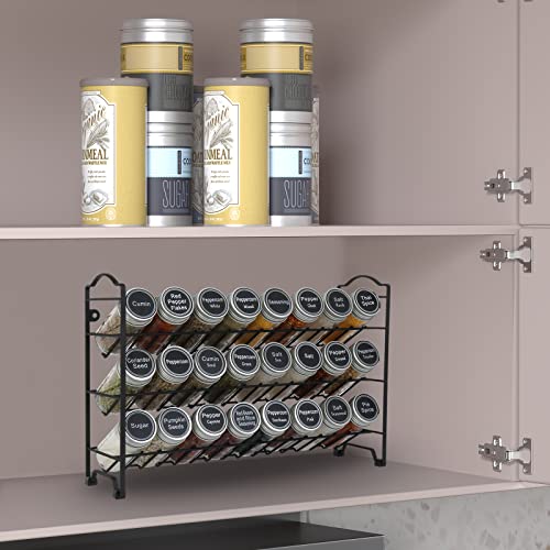 3 Tier Spice Rack Organizer with 24 Empty Round Spice Jars, 396 Spice Labels, Funnel and Chalk Marker Complete Set, Black - view 2