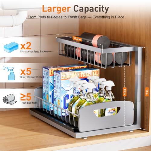 Under Kitchen Sink Organizer, Metal Pull Out Bathroom Organizers and Storage, 2-Tier Cabinet Organizer Shelf with Sliding Drawer, Home Organization for Kitchen, Laundry, Pantry, Light Grey, 2 pack - view 3
