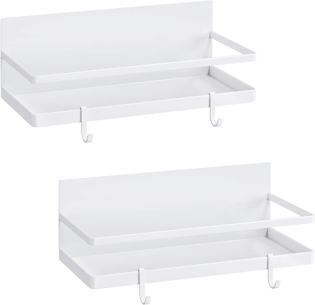 Magnetic spice rack, strong magnetic shelf with 2 removable hooks, perfect space saver for small kitchen/ apartment, awesome metal cabinet for holding spices, jars, salt (white, 2 pack)