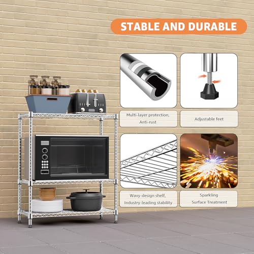 750 lbs 3 Tier Storage Rack Metal Wire Shelving Unit, Storage Standing Shelf Organizer for Laundry Bathroom Kitchen Pantry Closet Garage Basement Utility Room, Chrome 13.8" D x 29.5" W x 35.5" H - view 6