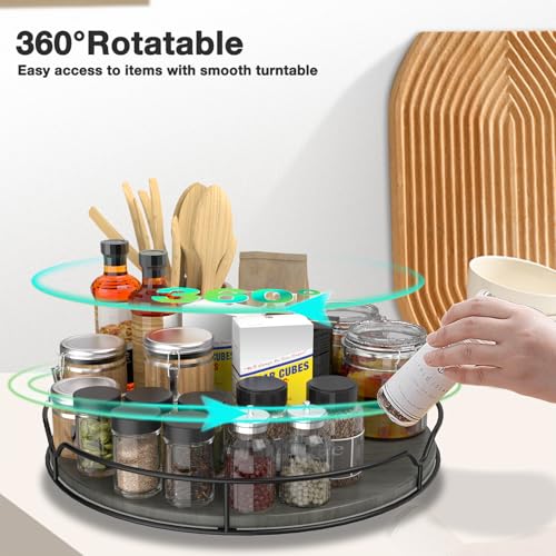 Lazy Susan Turntable Organizer with Anti-Slip Mat for Cabinet Pantry Kitchen Countertop Refrigerator Office, Pine Wood, 12", Grey… - view 2