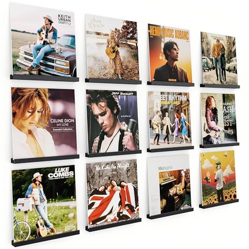 Vinyl Record Shelf Wall Mount, 12 Pack Album Record Holder Wall, 12 inch Vinyl Record Storage Shelves Wall, Wood Record Display for Living Room (Black)