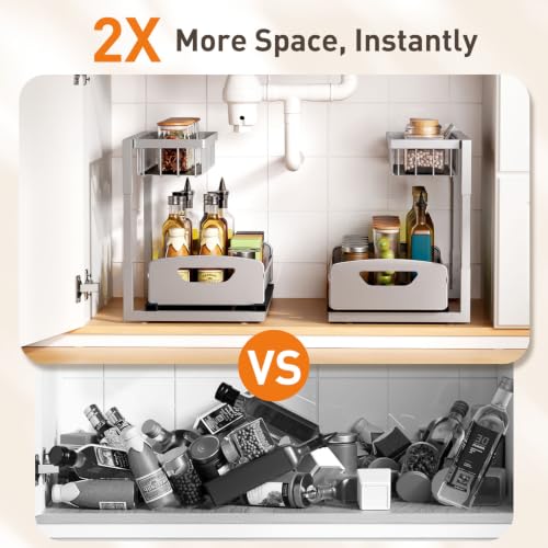 Under Kitchen Sink Organizer, Metal Pull Out Bathroom Organizers and Storage, 2-Tier Cabinet Organizer Shelf with Sliding Drawer, Home Organization for Kitchen, Laundry, Pantry, Light Grey, 2 pack - view 2