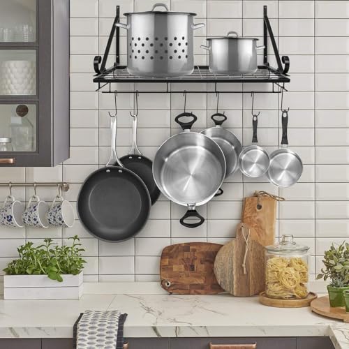 Hanging Pot Rack - Wall Mounted Pot Rack storage shelf hanging rack — Pots and Pans Rack shelf Organizer holder pot hanger - 10 S Hooks - kitchen cookware, utensils, pans, 2 DIY Methods (Black) - view 3