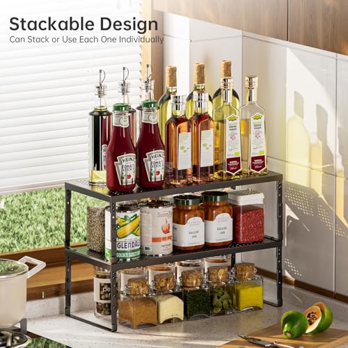 Expandable Adjustable Stackable Kitchen Organizer,Pantry Storage Shelves Racks,for cabinets Shelf, Kitchens, countertops, bathrooms,RV(1Pack/Black,Medium) - view 6