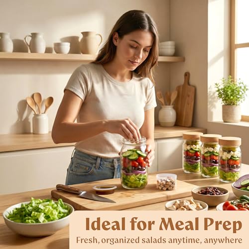 Glass Salad Jars with Oak Lids, 4 Pack 32oz for Meal Prep - view 5