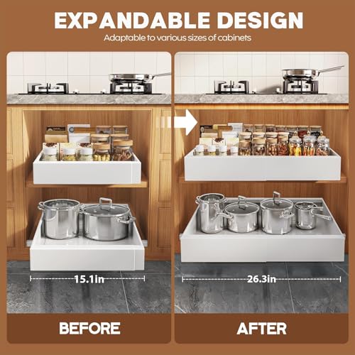 2 Pack Pull Out Cabinet Organizer for Wide Cabinets,Expandable 15.1"-26.3" Width,21" Deep Slide Out Drawers With Raising Pad for Framed Cabinets,3 Slide Rails,No Drill Roll Out Shelves,White - view 2