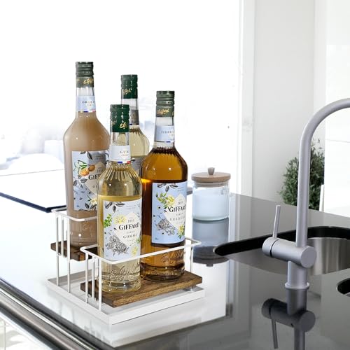 Cofee Syrup Bottle Holder Rack, Rustic Wood and White Metal Wire 2 Tier 4 Syrup, Wine, Dressing Bottle Countertop Display Storage Stand for Kitchen Coffee Bar- MK816F - view 5