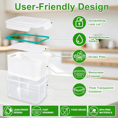 Thicker Produce Fruit Storage Containers for Fridge with Colander &Dividers - view 3