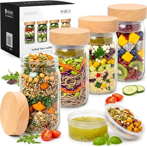 Glass Salad Jars with Oak Lids, 4 Pack 32oz for Meal Prep