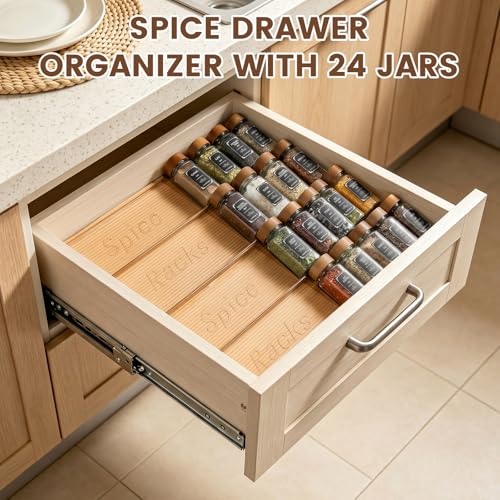 2 Pack Spice Rack with 24 Spice Jars, 4OZ Wood Lid Spice Containers with Expandable Spice Organizer Shelf, Spice Labels, Pepper Grinder Lids, Chalk Marker & Funnel Set for Drawer Kitchen Countertop - view 2
