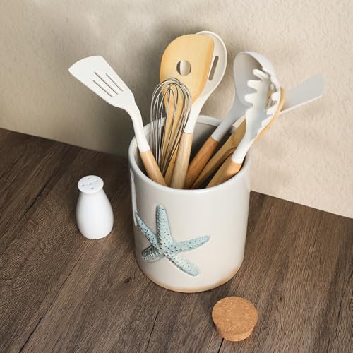 Ceramic Starfish Embossed Utensil Holder, Large Cooking Utensil Crocks for Countertop, Ocean Style Utensil Organizer for Spatula - view 6