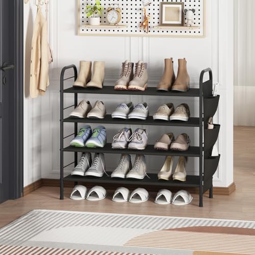 Shoe Rack Storage Organizer 4 Tier Free Standing Metal Shoe Shelf Compact Shoe Organizer with Side Bag for Entryway Closet Bedroom,Black - view 2