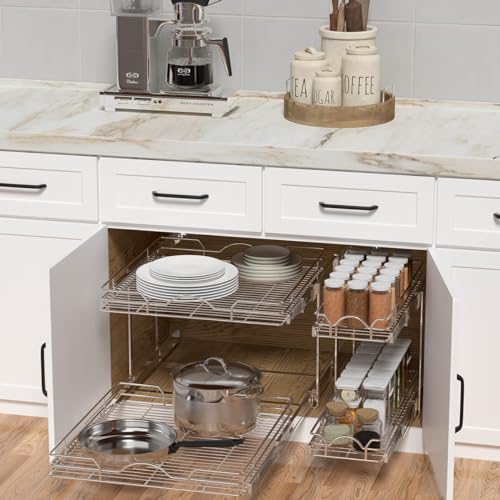 2 Tier Pull Out Cabinet Organizer (15.5" W x 21" D), Pull Out Drawers for Kitchen Cabinets, Pull Out Shelves for Base Cabinet Organization in Kitchen Bathroom Pantry, Chrome Finish - view 5