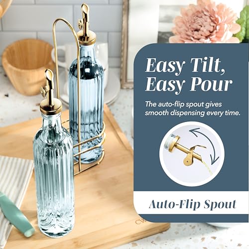 Glass Olive Oil Bottle Dispenser - 2 Pack- 17oz Oil and Vinegar Cruet - Olive Oil Carafe Decanter for Kitchen, Elegant Fluted, Blue - view 3