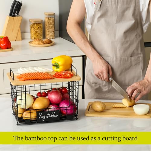 2 Set XL Stackable Wire Basket with Bamboo Tops & Tags- Pantry Organizer and Storage Bins, Kitchen Counter Cabinet Shelf Countertop Under Sink Organizing, Food Snack Produce Onion Potato Bread Storage - view 4