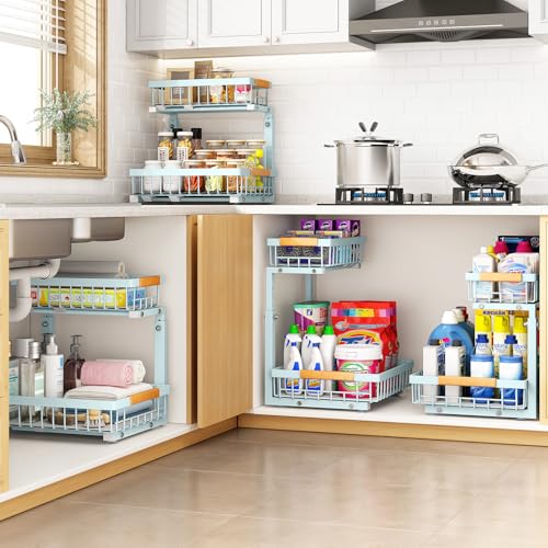 Under Sink Organizer, Adjustable Height, 2 Tier Pull Out Under Cabinet Organizer, Slide Out Thickened Metal Under Sink Storage for Kitchen Bathroom Laundry Pantry Cabinet, Blue, Large-1-Pack - view 7