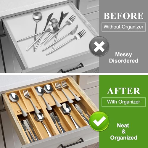 Small Bamboo Skinny Silverware Drawer Organizer Narrow Utensil Cutlery Tray - view 4