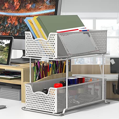 2 Tier Sliding Cabinet Basket Organizer Drawer, White - view 2