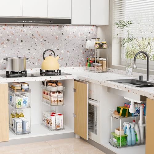 2 Pack Large Pull Out Bathroom Organizers and Storage,2 Tier 12.8″ Tall Sliding Kitchen Under Sink Organizer for Cleaning Products Storage,Acrylic Clear Bathroom inder Sink Organizer,Undersink Storage - view 3