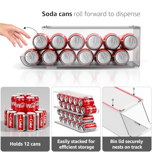 Soda Can Organizer for Refrigerator & Egg Holder for Fridge Set, 4 Stackable Can Holder Dispenser Holds 12 Cans Each & 2 Egg Holders with Lid holds 14 eggs for Fridge, Pantry, Freezer, BPA-Free - view 6