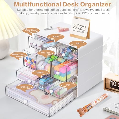 Desk Storage Organizer with 9 Drawers, 4 Tiers Stackable Desktop Craft Storage Drawers, Clear Storage Box Caddy for Stationary Makeup Jewelry Office Craft Supplies (White) - view 5