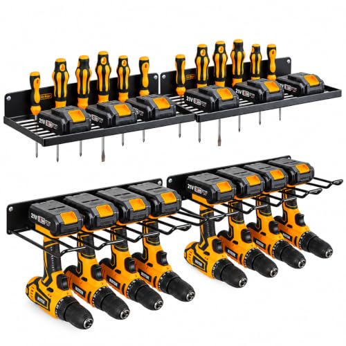 Power Tool Organizer with Charging Station,Drill Holder Wall Mount,Garage Storage Shelves for Organization and Storage,Heavy Duty Pegboard Wall Organizer Set Solid Metal Black 2 Pack 4 Set…