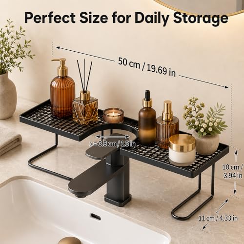 Behind the Faucet Sink Organizer, No-Drill over the bathroom sink shelf Tool-Free Compact Countertop Faucet Organizer Storage Rack Stand Hollowed-Out Bottom Easy Drainage For Kitchen Bathroom (Black) - view 2