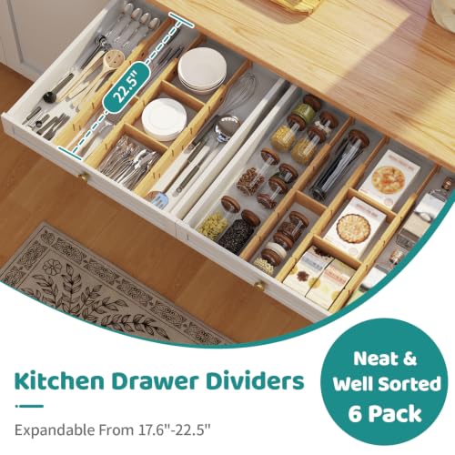6 Pack Bamboo Drawer Dividers with Inserts, Kitchen Adjustable Drawer Organizers, Expandable Organization for Home, Dressers, 6 Dividers with 12 Inserts - view 5