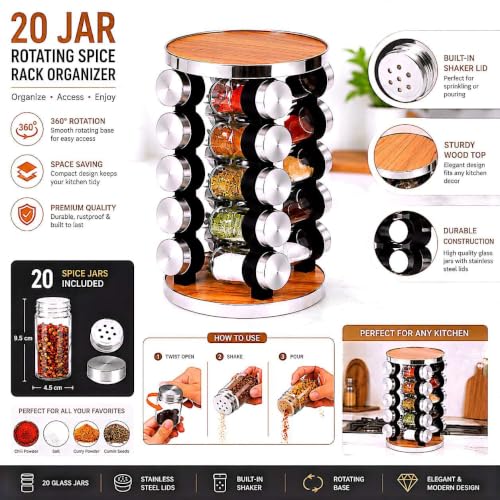 20 Jar Rotating Spice Rack, Wood & Stainless Steel Countertop - view 6