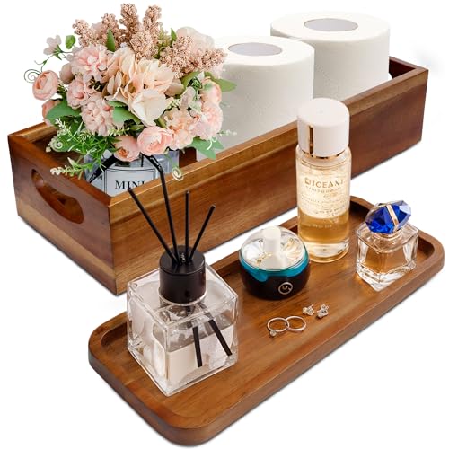 Toilet Tank Topper & Vanity Tray, Natural Acacia Wood Decor Set