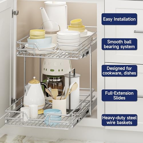 2-Tier Pull Out Cabinet Organizer, 13.5" W x 21.5" D, Heavy Duty Dual Slide Out Shelves for Base Cabinets, Chrome Wire Basket Drawer for Pantry, Kitchen & Bathroom Storage - view 4