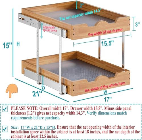 2 Tier Pull Out Cabinet Organizer (17"W x 21"D), Double Tier Slide out Wood Drawer Shelf, Pull Out Shelves for Base Cabinet Organization in Kitchen, Pantry, Bathroom - view 2