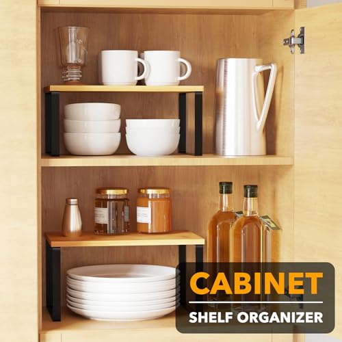 Cabinet Shelf Organizers 2 Pack, Kitchen Counter Rack Shelves Riser, Stackable Expandable Spice Rack, Pantry Cupboard Storage Organization (Black and Natural, Short) - view 3