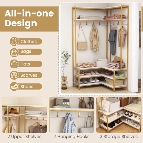 Corner Coat Rack, L-Shaped Hall Tree with Bench and Shoe Storage - view 3