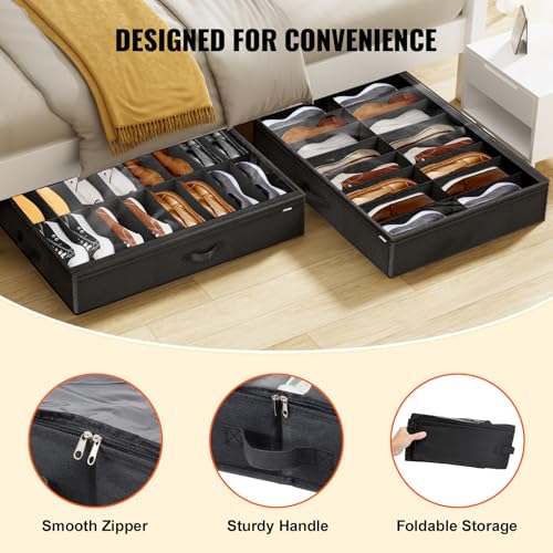 Under Bed Shoe Storage Organizer, Set of 2, Total 32 Compartments, Underbed Shoes Closet Storage Solution with Clear Window, Breathable, Foldable Fabric Container Box with Reinforced Handles - view 4