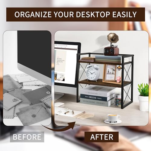 Desktop Shelf Organizer, 2 Tier Office Shelves, Wood Desk Organizer Storage Rack and Freestanding Display Shelf for Office, Dormitory, Home - view 5