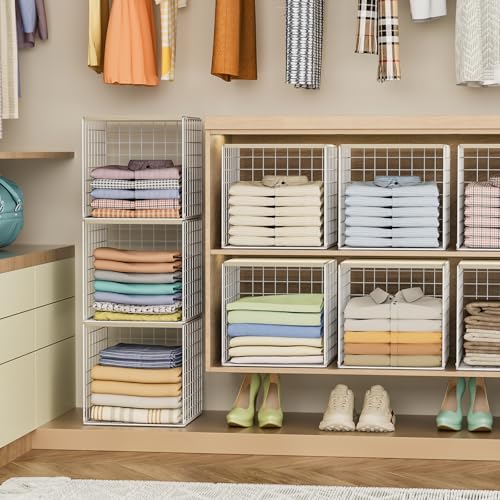 3PCS Stackable Closet Organizers and Storage, Closet Shelves with Wood Top Extra Storage, Clothes Storage Organizer Basket Bin/Cube for Home Wardrobe Organization(White-Sturdy Metal) - view 6