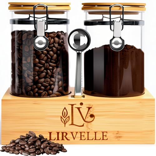 Airtight Coffee Canister with Scoop | Curated Glass Storage Set for Beans, Grounds & Sugar | 9-Piece Ritual Organizer with Bamboo Base, Versatile Artisan Spoon, Labels & Cleaning Brush